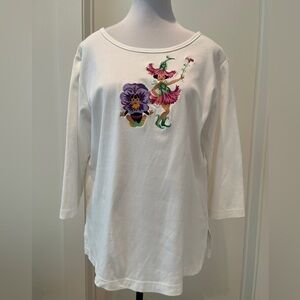 BOB MACKIE Wearable Art Embroidered 3/4 Sleeve Round Neck T-Shirt Floral Fairy